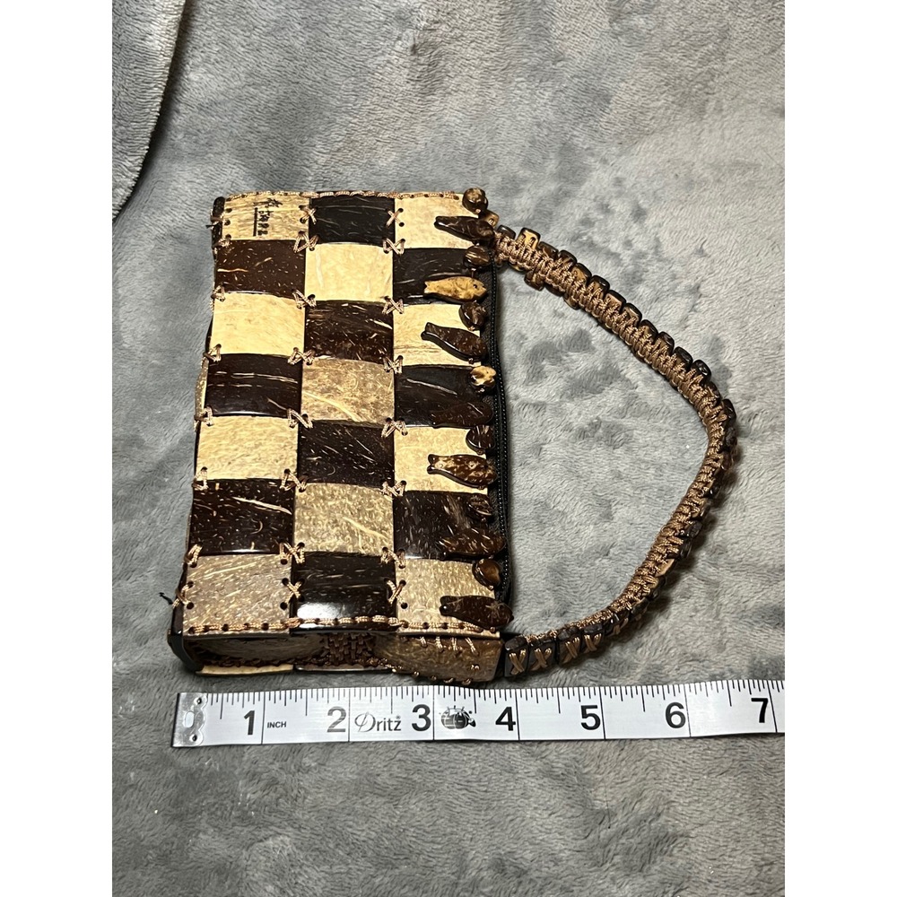 Vintage Coconut Shell Checkerboard Handbag Boho Island Artisan Mini Purse - Picture 8 of 9